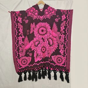 Authentic Mexican Gaban Hooded Poncho Pink, Sunflowers & Hummingbirds